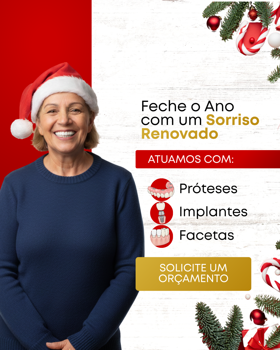 Criativo de Natal para clínica odontológica com próteses, implantes e facetas