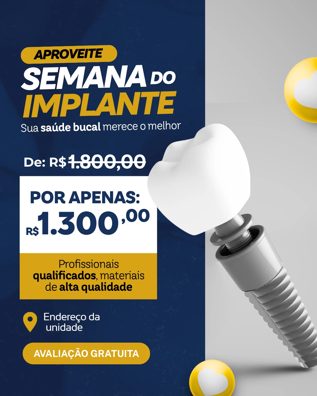 Anúncio da Semana do Implante com avaliação gratuita para tratamento odontológico